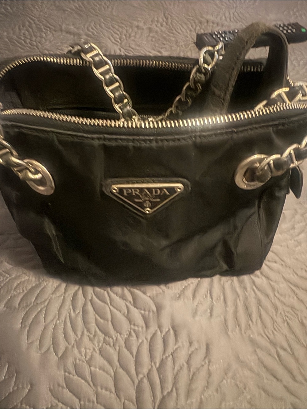 Prada Black Nylon Shoulder Bag with Silver Chain Handles